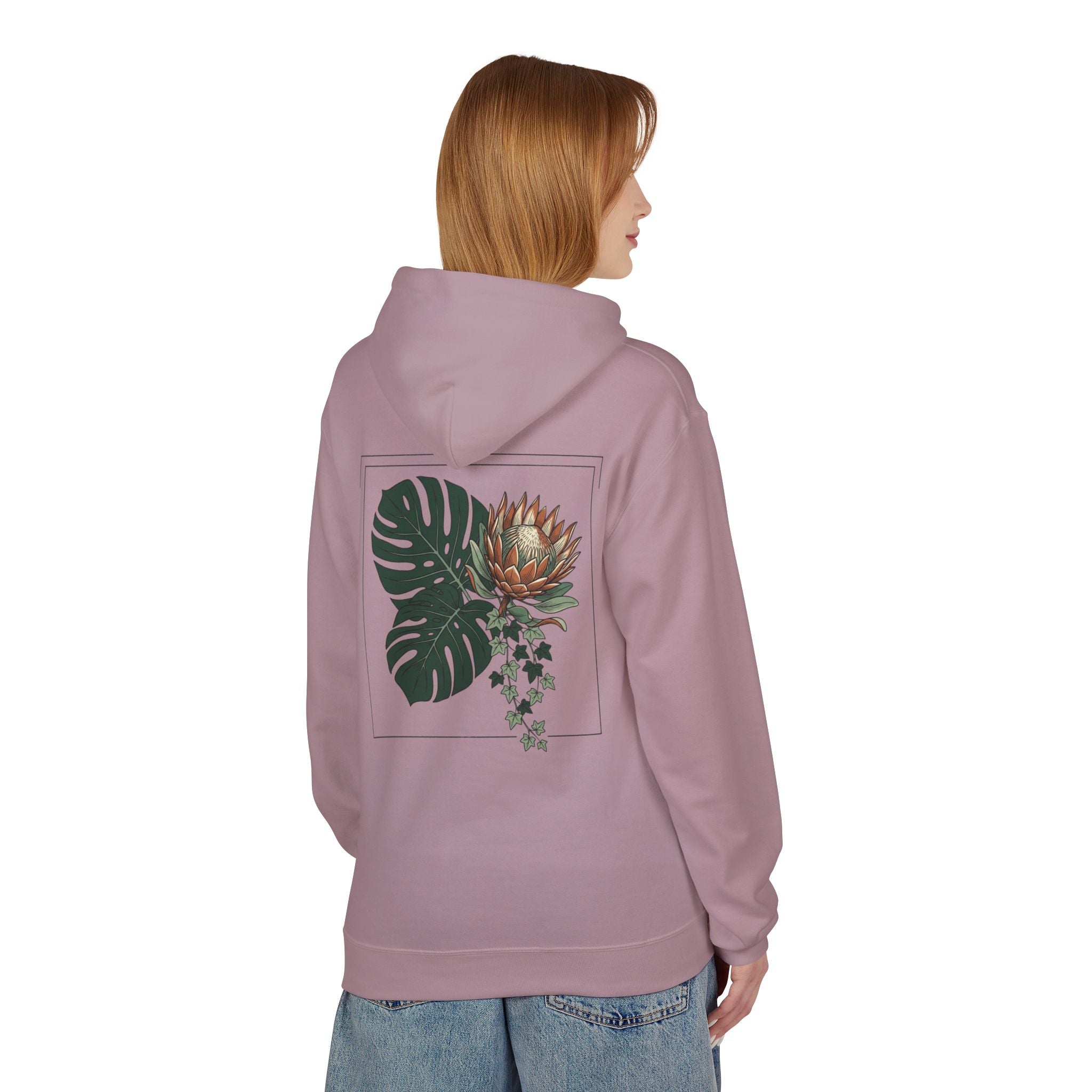 Botanical Monstera & Protea Hoodie — Floral Tropical Back Print