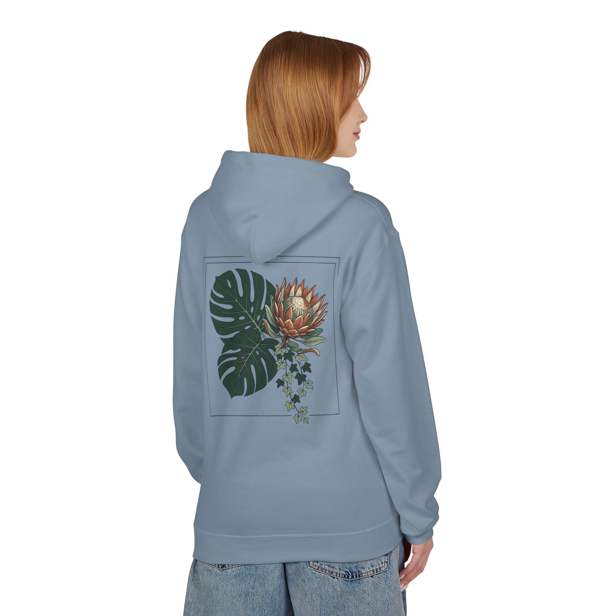 Botanical Monstera & Protea Hoodie — Floral Tropical Back Print