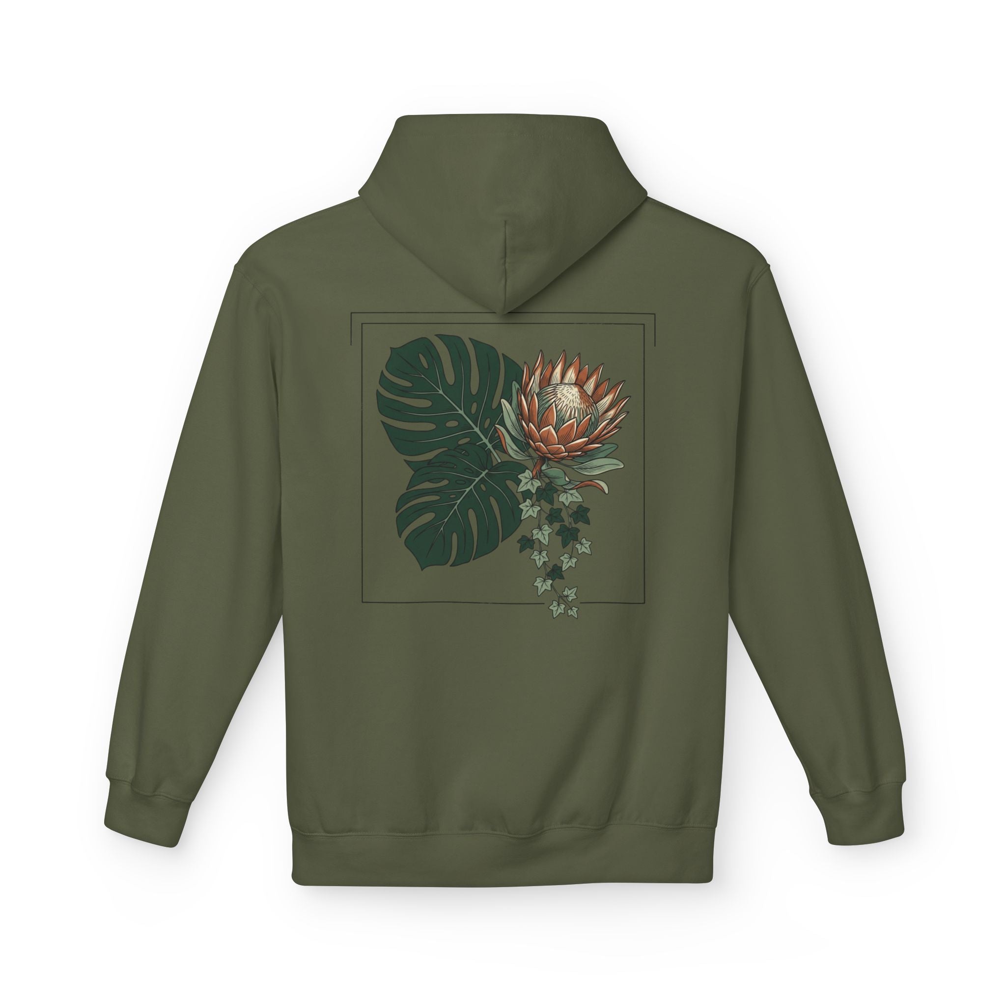 Botanical Monstera & Protea Hoodie — Floral Tropical Back Print