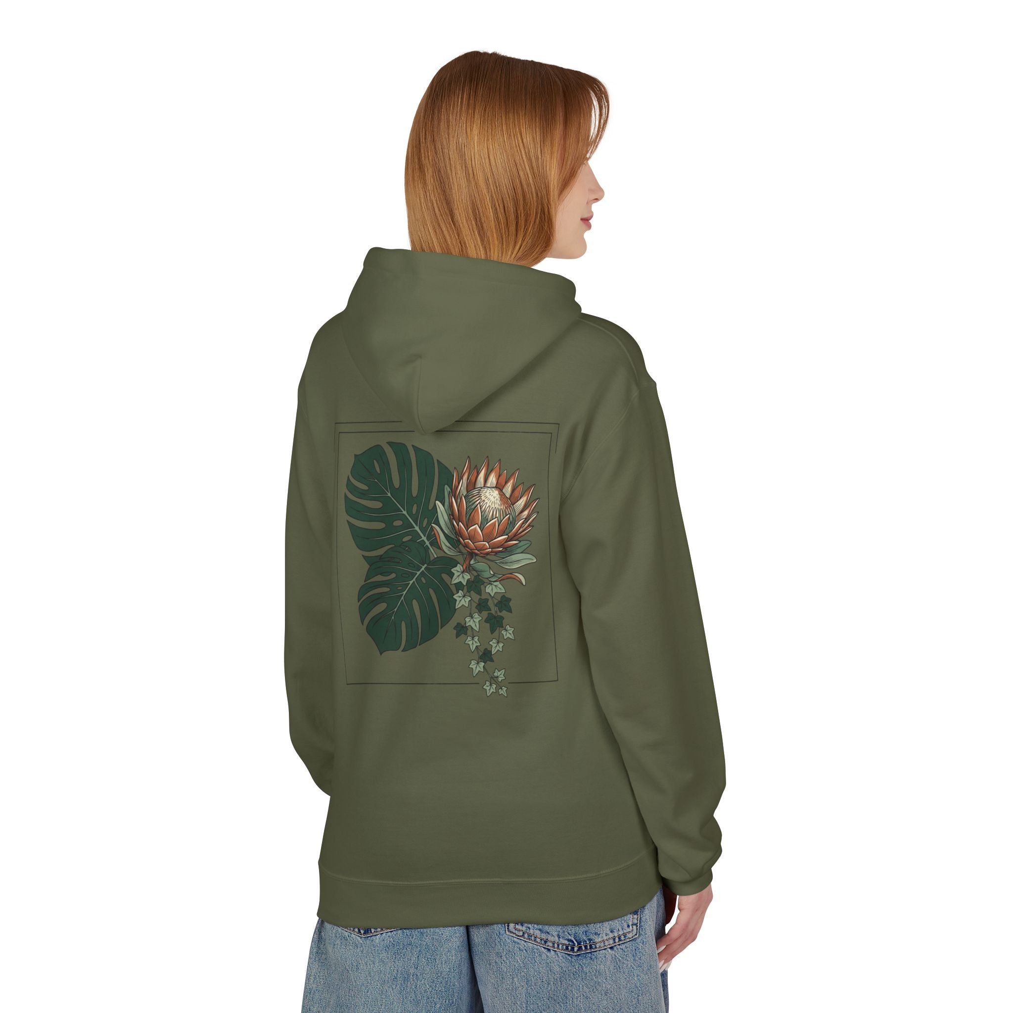 Botanical Monstera & Protea Hoodie — Floral Tropical Back Print