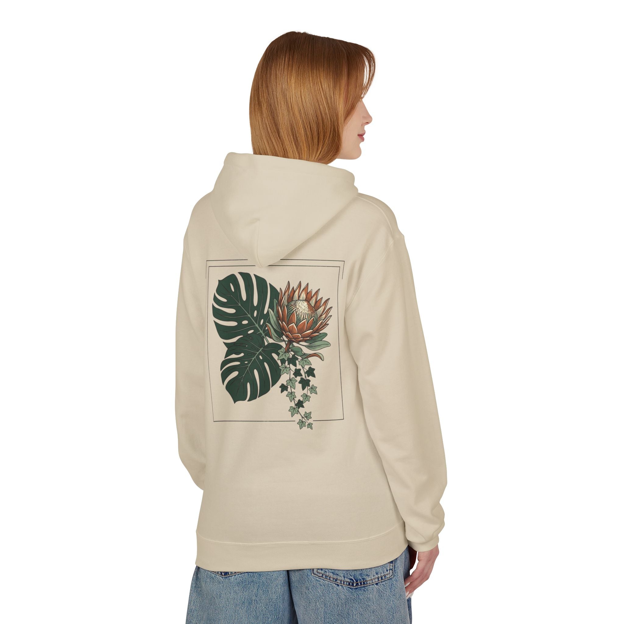 Botanical Monstera & Protea Hoodie — Floral Tropical Back Print